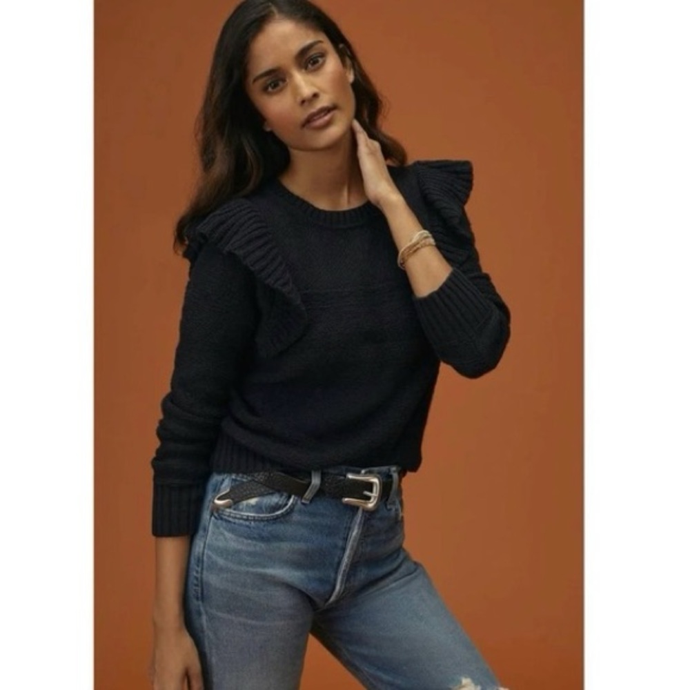 PILCRO BY ANTHROPOLOGIE Black Ruffle Crew Neck Sweater